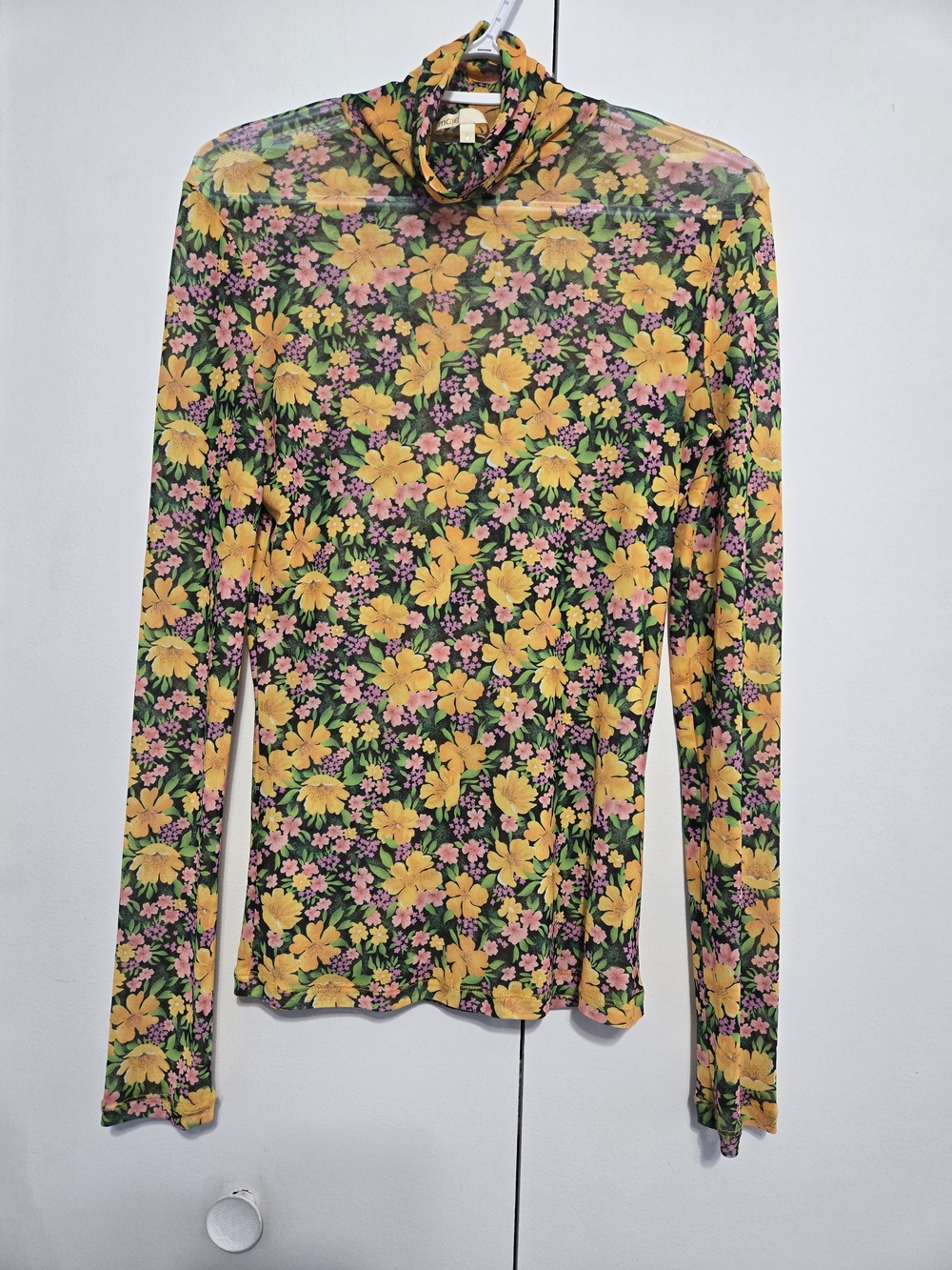 Maje Floral Mesh Turtleneck Top Size 2 Sheer Stretch Long Sleeve